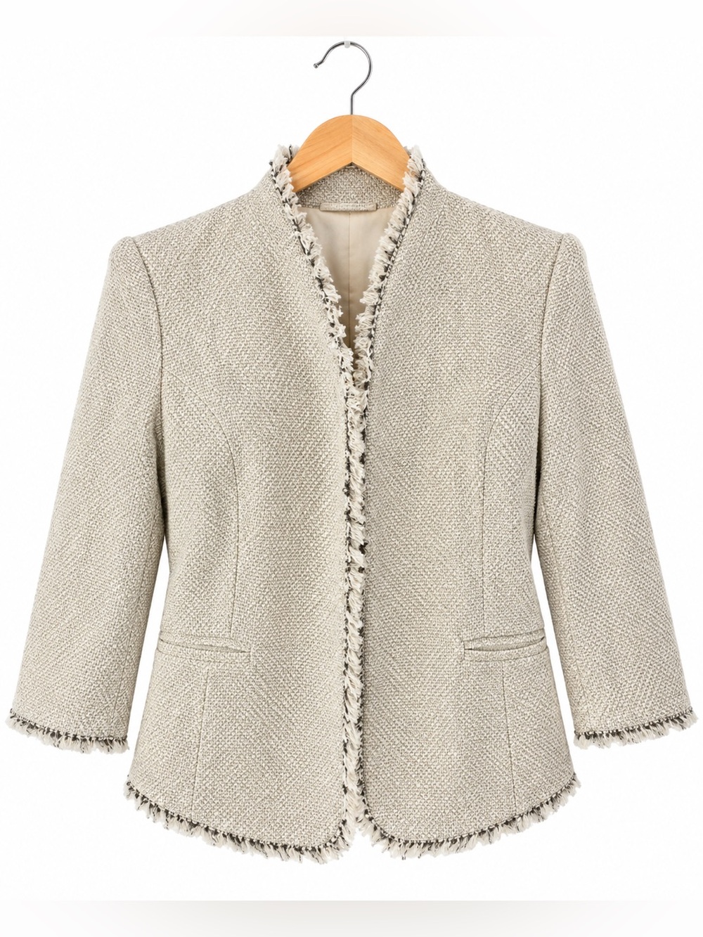 Ann Taylor Tweed Blazer Ivory Charcoal Open Front Raw Edge Jacket Size 12 Chic